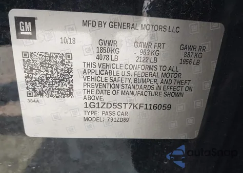 2019 Chevrolet Malibu Lt z USA, uszkodzony, nr VIN 1G1ZD5ST7KF116059